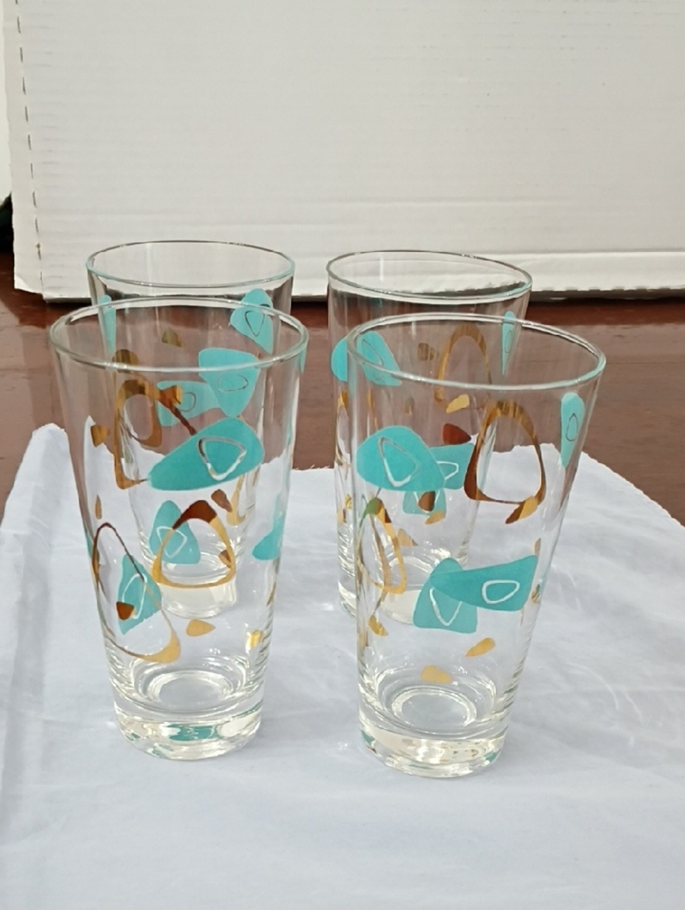 Turquoise & Gold Mid-Century Inspired Tumbler Glasses - Set of 4 Atomic Ameobic